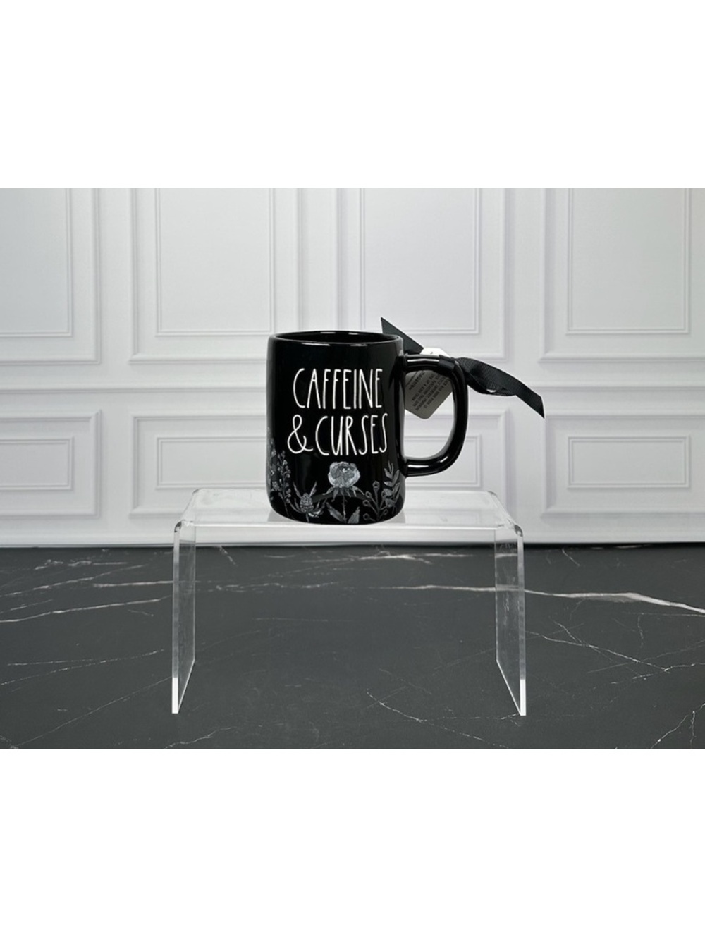 Rae Dunn Coffee Mug with "Caffeine & Curses" Text and Floral Design